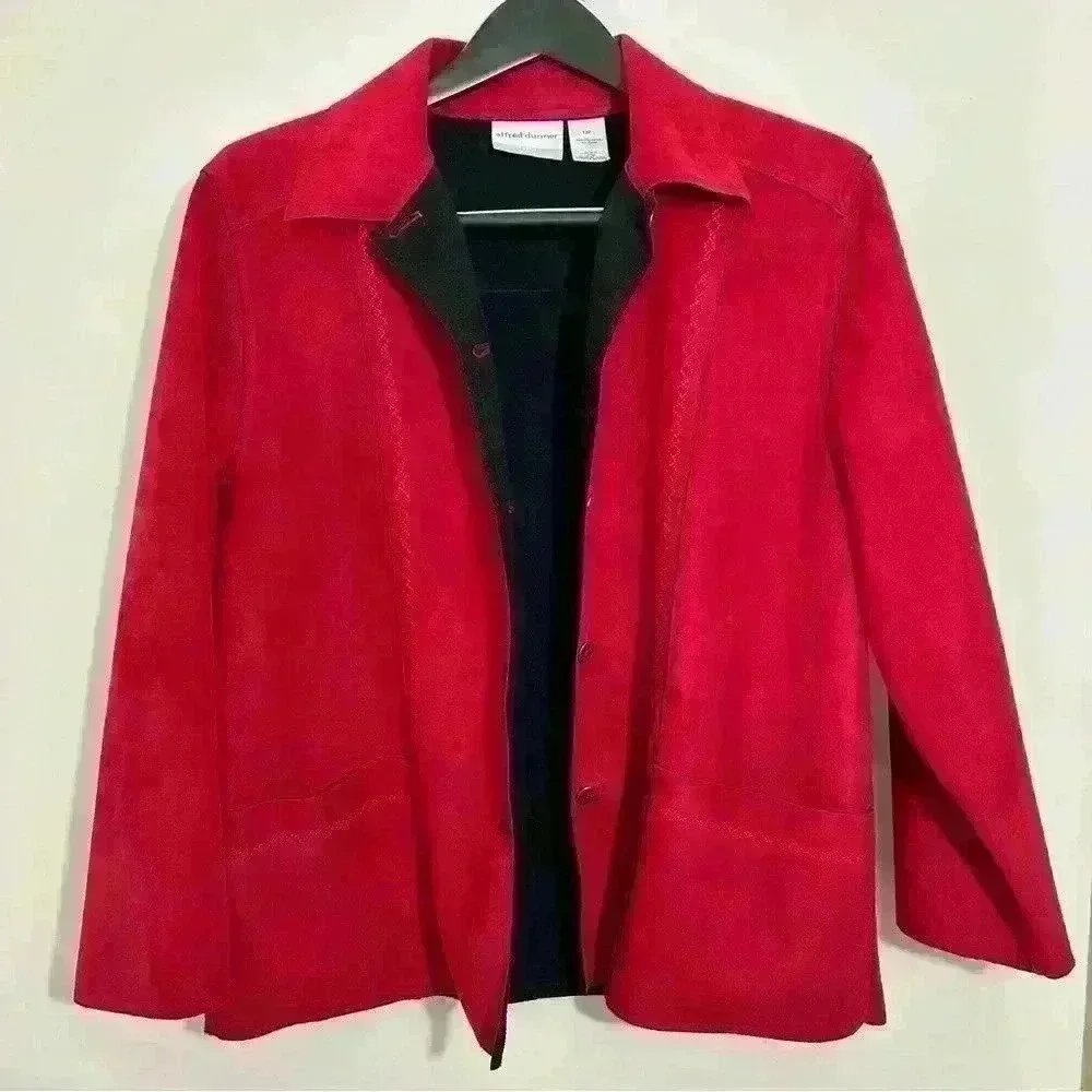 Alfred Dunner Red Suede Jacket Button Front Pockets Textured Detail Sz 16 Y2K